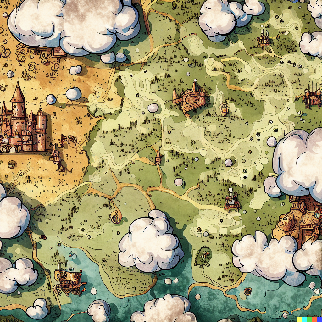 DALL·E 2023-06-26 12.11.57 – top down fantasy cartography map of a large country, with castles, towns and dungeons as points of interest, richly detailed, antique map, cute white