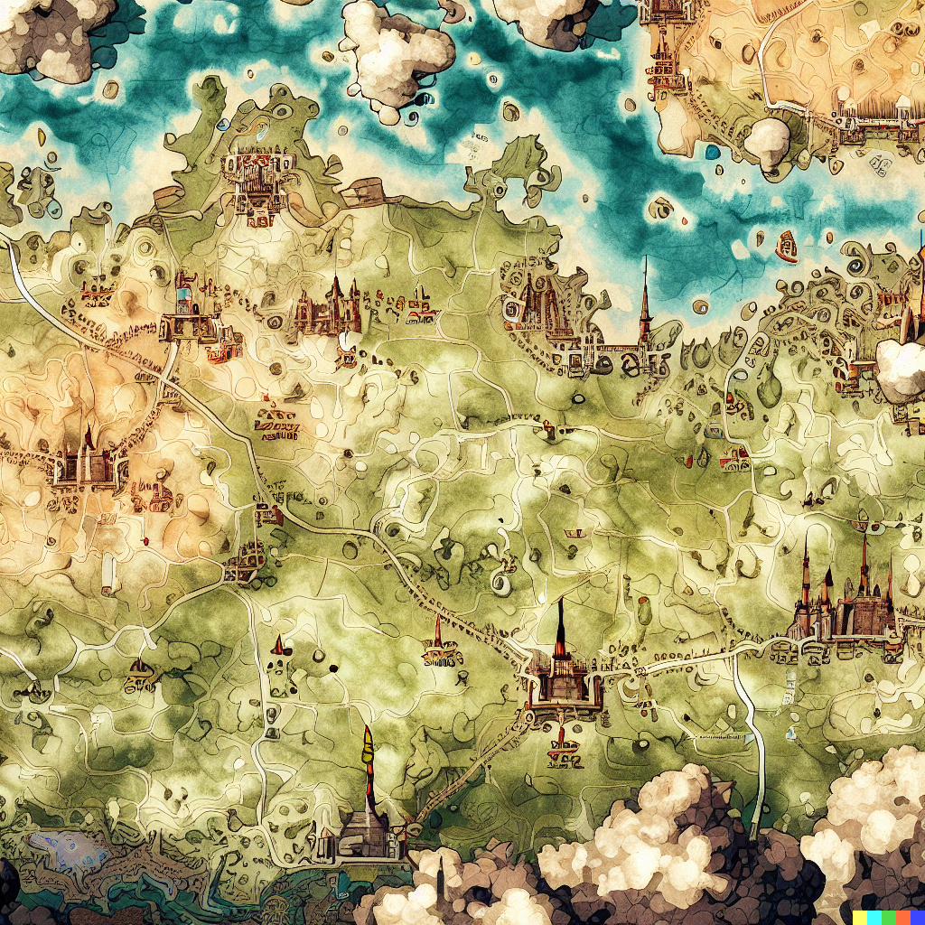 DALL·E 2023-06-26 12.12.04 – top down fantasy cartography map of a large country, with castles, towns and dungeons as points of interest, richly detailed, antique map, small light