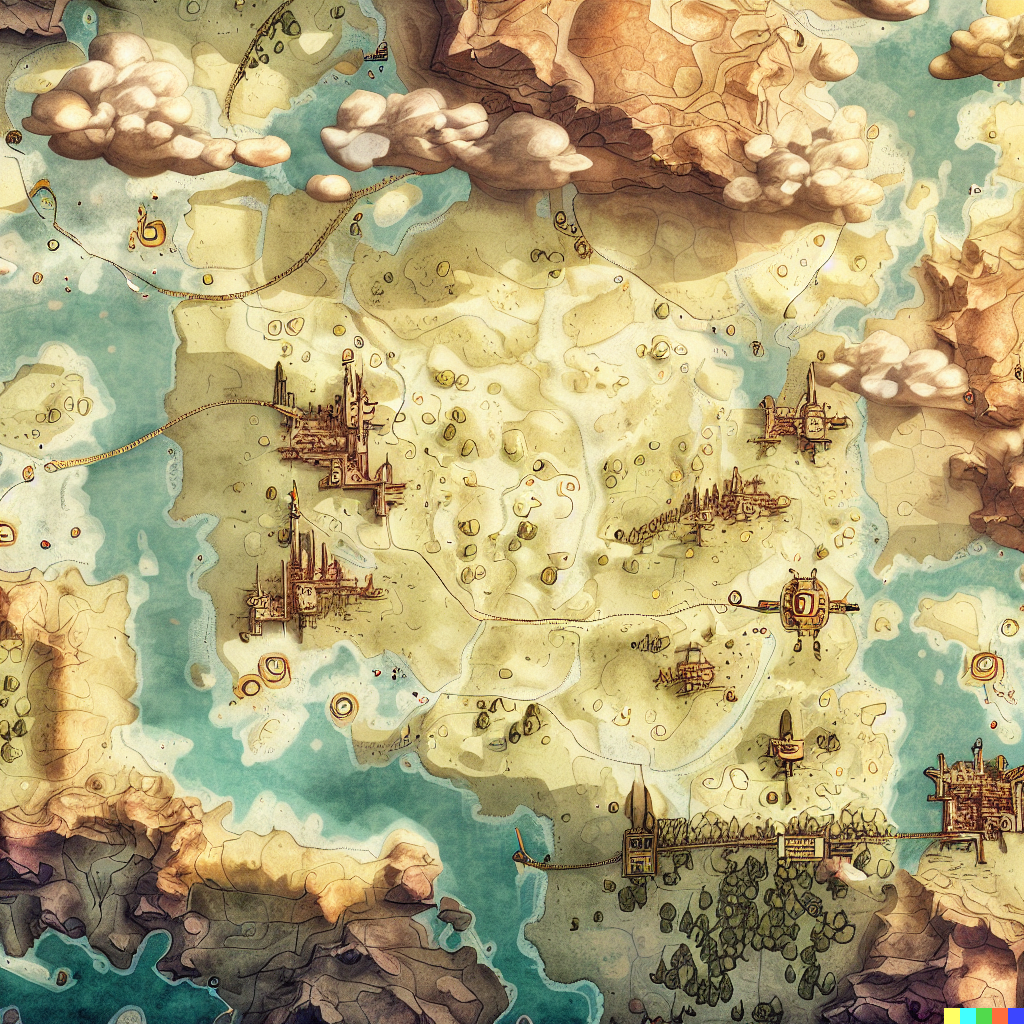 DALL·E 2023-06-26 12.12.07 – top down fantasy cartography map of a large country, with castles, towns and dungeons as points of interest, richly detailed, antique map, small light