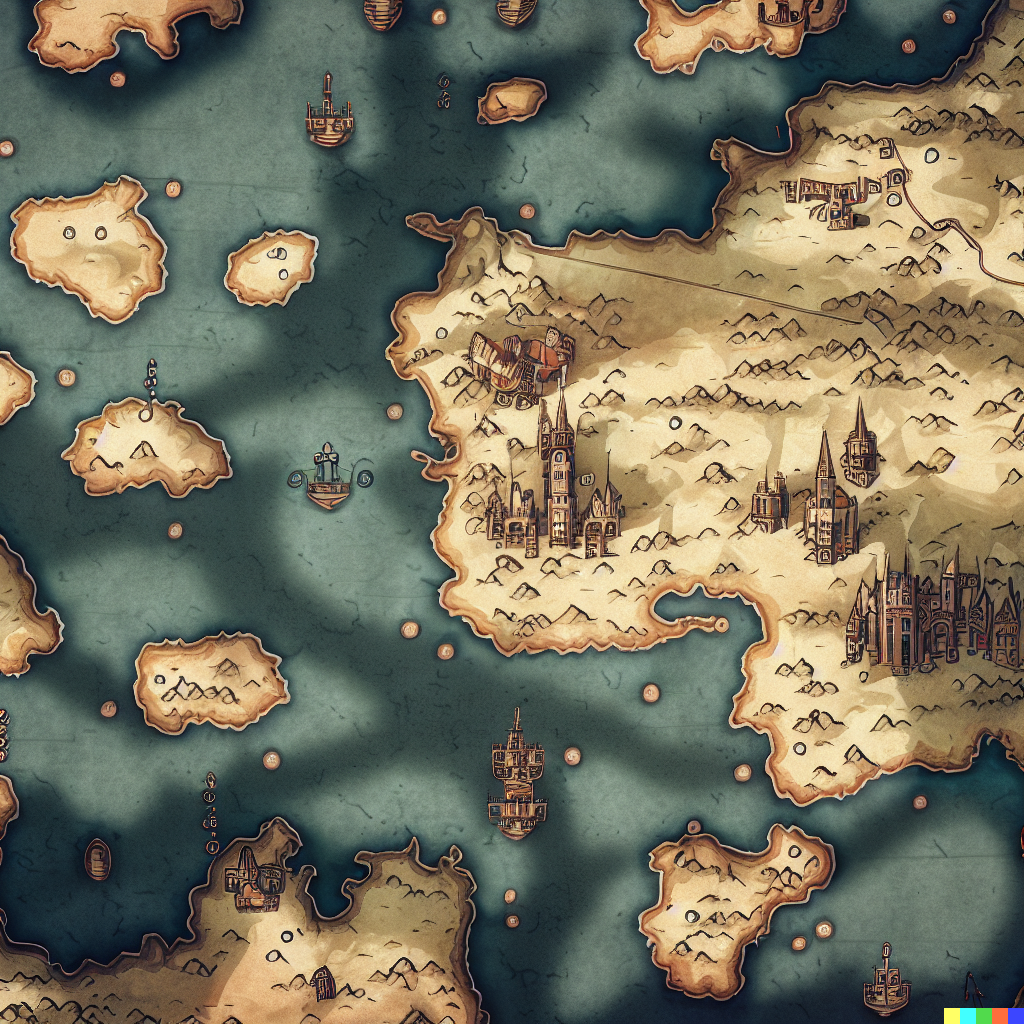 DALL·E 2023-06-26 12.12.11 – top down fantasy cartography map of europe with castles and dungeons as points of interest, richly detailed, antique map, small light clouds casting s