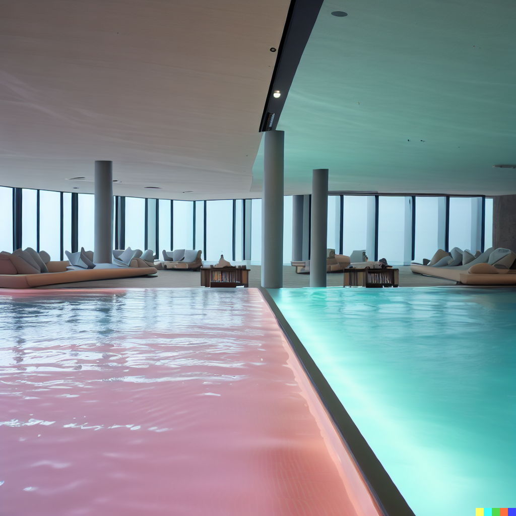 DALL·E 2023-06-26 12.13.31 – A indoor lounge area with a pool with clear water alongside another pool with translucent pastel pink water