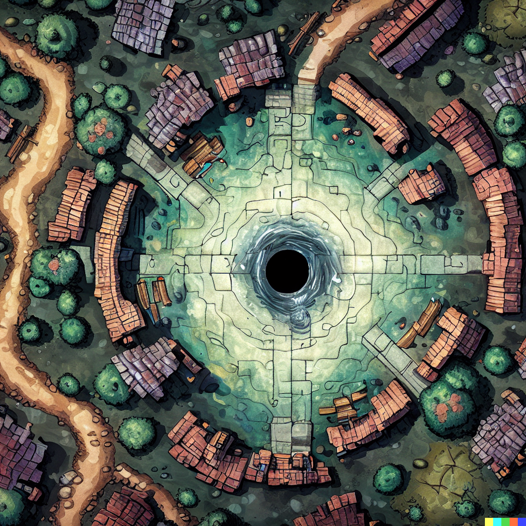 DALL·E 2023-06-26 12.14.59 – a top down really zoomed out dungeons and dragon combat map of a large village with a deep well in the center by sardistic