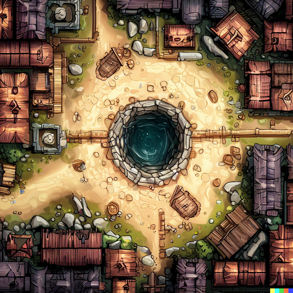DALL·E 2023-06-26 12.15.06 – a top down really zoomed out dungeons and dragon combat map of a large village with a deep well in the center by sardistic