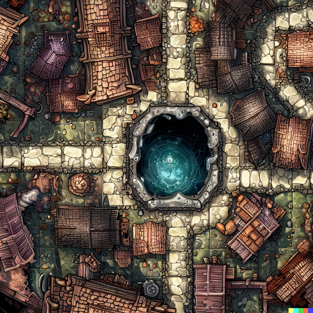 DALL·E 2023-06-26 12.15.09 – a top down really zoomed out dungeons and dragon combat map of a large village with a deep well in the center by sardistic