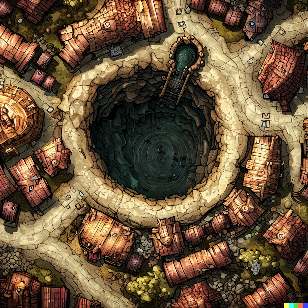 DALL·E 2023-06-26 12.15.18 – a top down really zoomed out dungeons and dragon combat map of a large village with a deep well in the center by sardistic