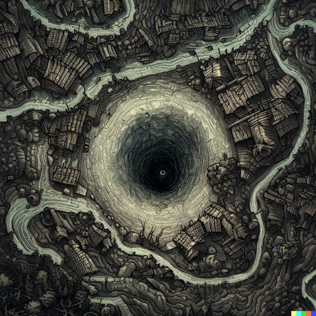 DALL·E 2023-06-26 12.15.27 – a top down really zoomed out dungeons and dragon combat map of a large village with a deep well in the center by Zdzisław Beksiński gustave dore