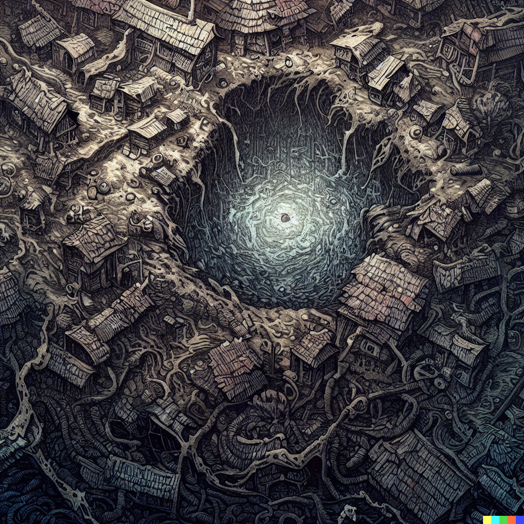 DALL·E 2023-06-26 12.15.31 – a top down really zoomed out dungeons and dragon combat map of a large village with a deep well in the center by Zdzisław Beksiński gustave dore