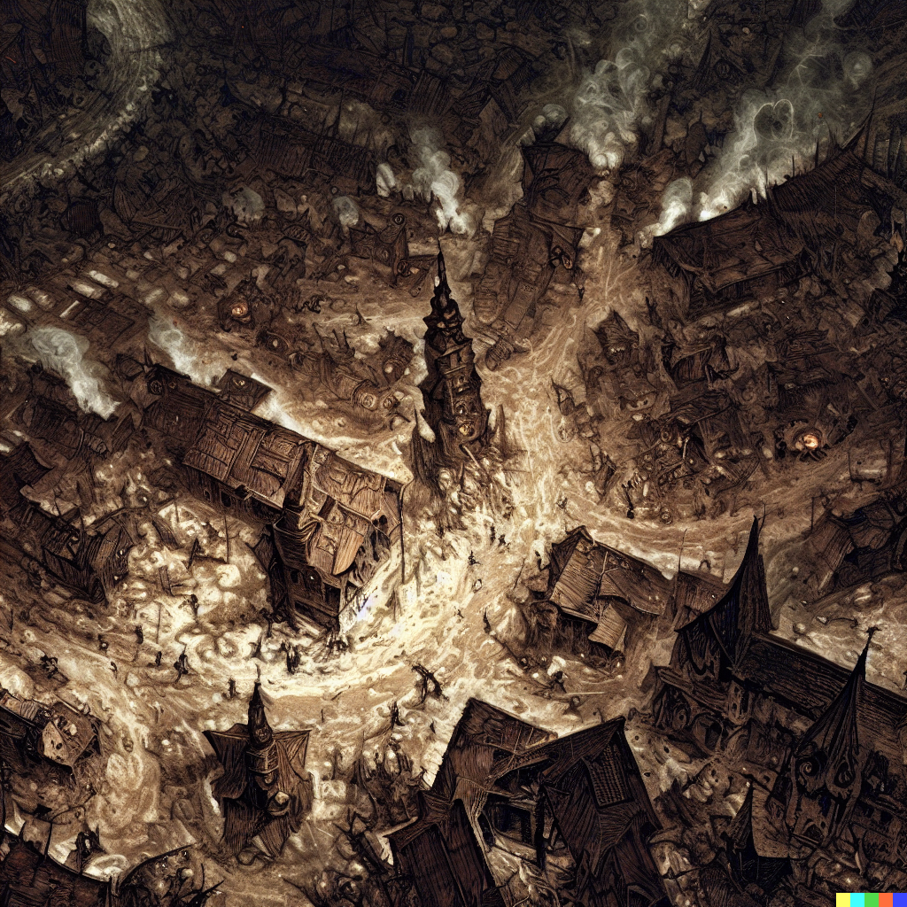 DALL·E 2023-06-26 12.15.41 – a top down really zoomed out dungeons and dragon combat map of a large village with a town church by Zdzisław Beksiński gustave dore