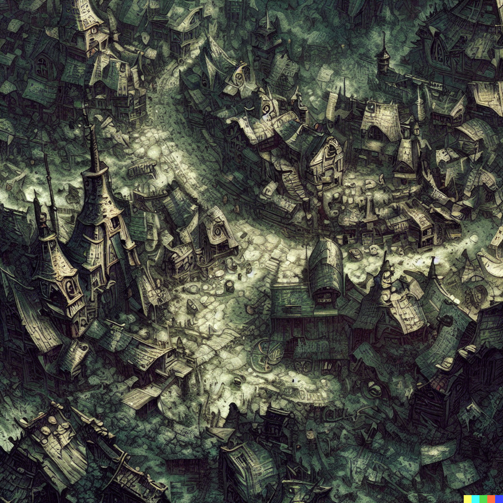 DALL·E 2023-06-26 12.15.45 – a top down really zoomed out dungeons and dragon combat map of a large village with a town church by Zdzisław Beksiński gustave dore