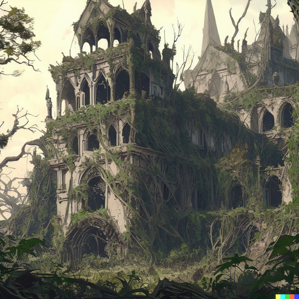 DALL·E 2023-06-26 12.15.59 – an overgrown ancient castle by craig mullins and gustave dore Zdzisław Beksiński hyperdetailed hyperrealism