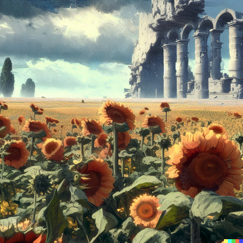 DALL·E 2023-06-26 12.16.09 – a field of sunflowers with ancient ruins by craig mullins and Zdzisław Beksiński hyperdetailed hyperrealism