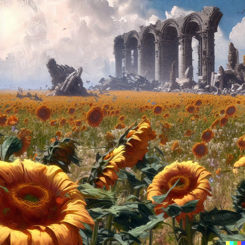 DALL·E 2023-06-26 12.16.12 – a field of sunflowers with ancient ruins by craig mullins and Zdzisław Beksiński hyperdetailed hyperrealism