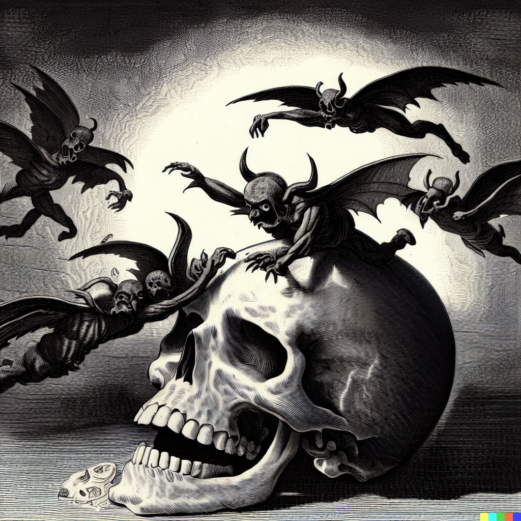 DALL·E 2023-06-26 12.16.15 – demons escaping a human skull by by gustave dore and jim burns