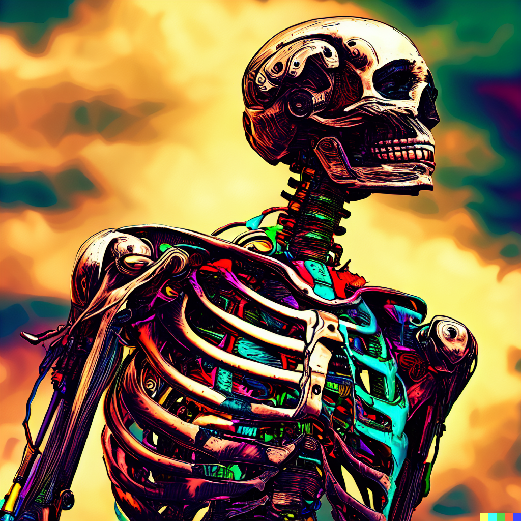 DALL·E 2023-06-26 12.16.30 – robotic human cyborg skeleton colorful transhumanism by gustave dore