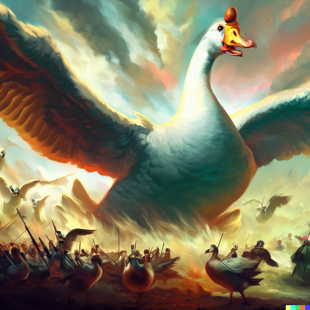 DALL·E 2023-06-26 12.16.33 – a beautiful painting of giant goose demolishing armies