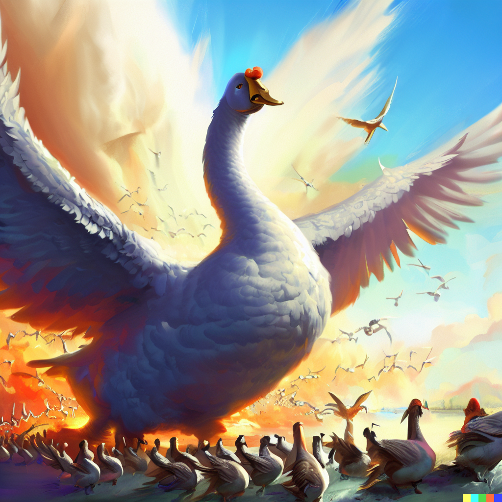 DALL·E 2023-06-26 12.16.38 – a beautiful painting of giant goose demolishing armies