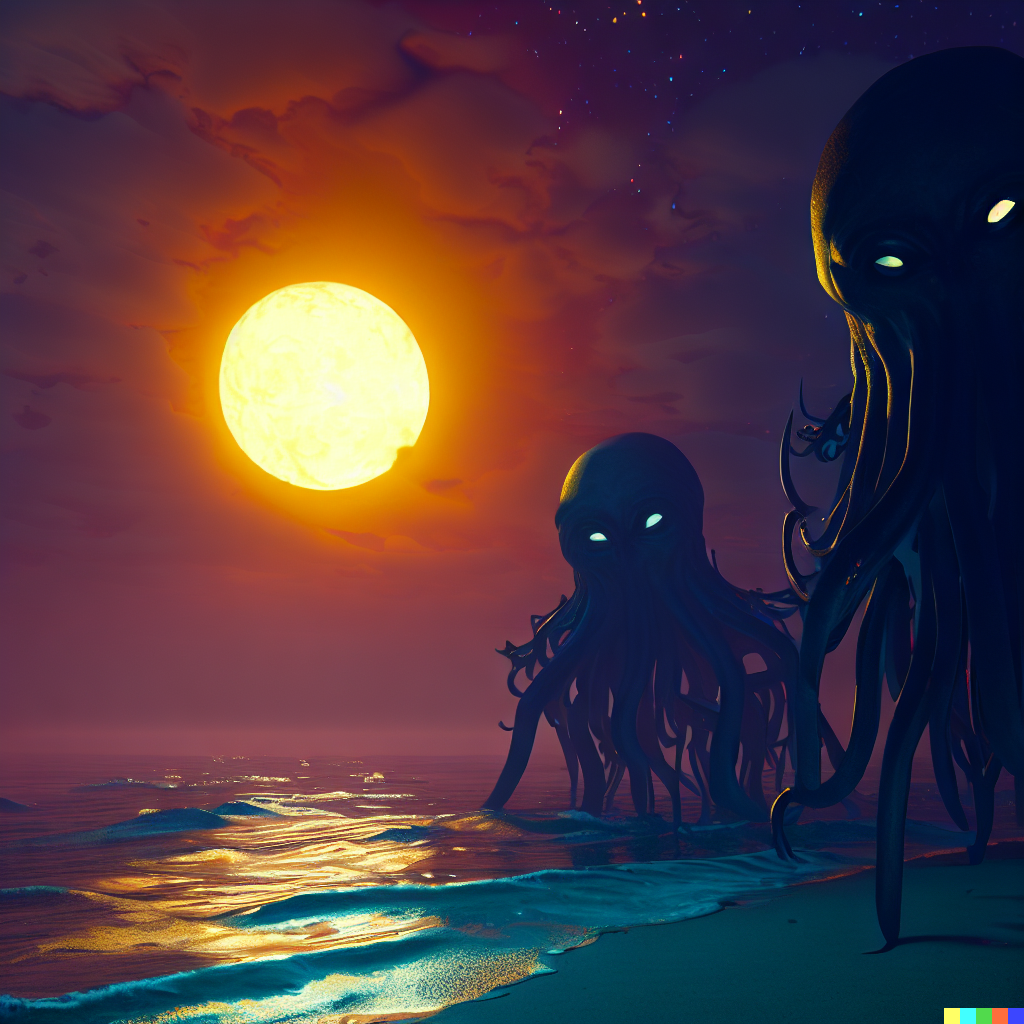 DALL·E 2023-06-26 12.16.54 – moonrise on a calm beach with lovecraft monsters emerging from the ocean Zdzisław Beksiński, Gustave Doré and lisa frank Eldritch hyperdetailed trendi