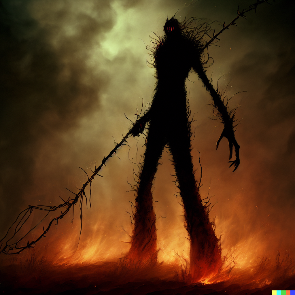 DALL·E 2023-06-26 12.17.07 – tall and menacing being shrouded in fire, darkness, and shadow armed with fiery thorny whip and a long sword by zdzisław beksinski