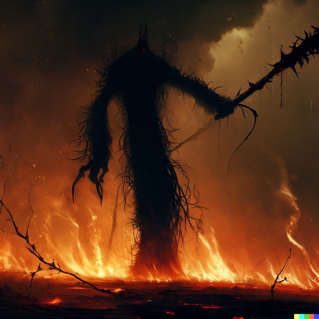 DALL·E 2023-06-26 12.17.13 – tall and menacing being shrouded in fire, darkness, and shadow armed with fiery thorny whip and a long sword by zdzisław beksinski