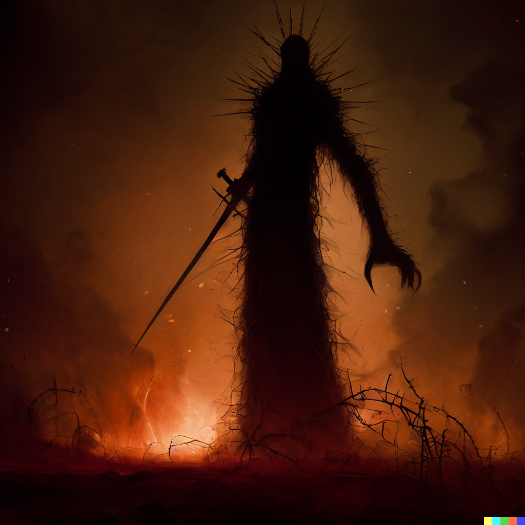 DALL·E 2023-06-26 12.17.15 – tall and menacing being shrouded in fire, darkness, and shadow armed with fiery thorny whip and a long sword by zdzisław beksinski