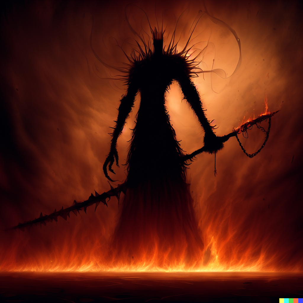 DALL·E 2023-06-26 12.17.17 – tall and menacing being shrouded in fire, darkness, and shadow armed with fiery thorny whip and a long sword