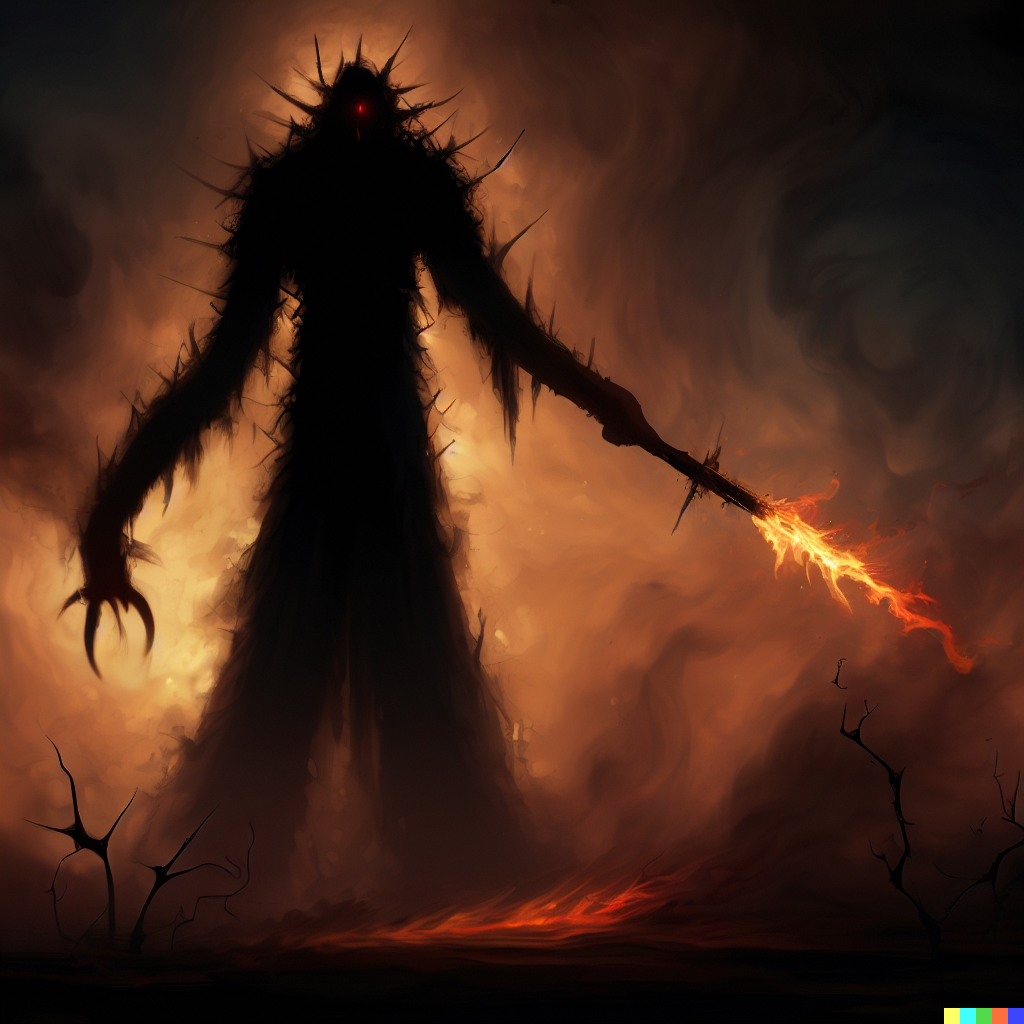 DALL·E 2023-06-26 12.17.20 – tall and menacing being shrouded in fire, darkness, and shadow armed with fiery thorny whip and a long sword