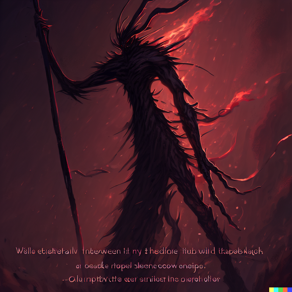 DALL·E 2023-06-26 12.17.27 – tall and menacing beings who can shroud themselves in fire, darkness, and shadow. armed with fiery thorny whip and occasionally use long swords