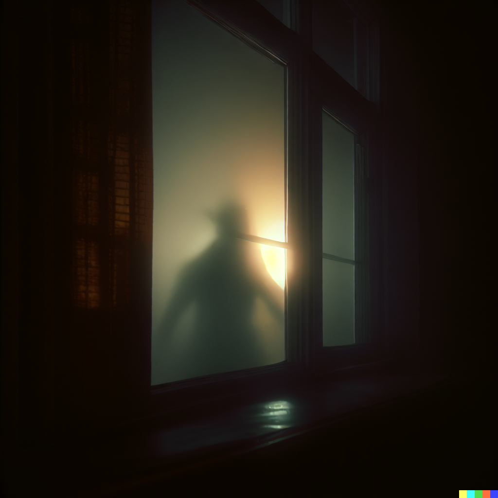 DALL·E 2023-06-26 12.17.38 – the shadow creature outside the lit window looking in by jaroslav panuska trending on artstation foggy dark street liminal space 35mm