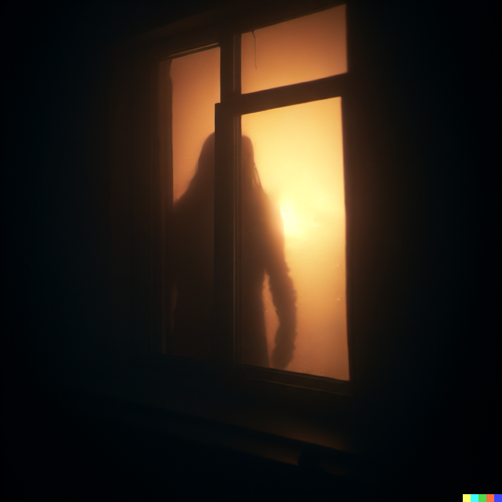 DALL·E 2023-06-26 12.17.41 – the shadow creature outside the lit window looking in by jaroslav panuska trending on artstation foggy dark street liminal space 35mm