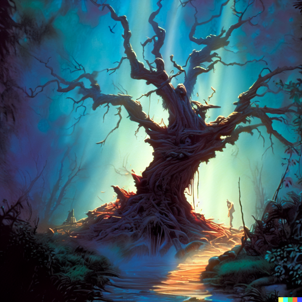 DALL·E 2023-06-26 12.18.02 – a magical dead tree by Charles Vess Don Bluth secret of nimh disney ferngully