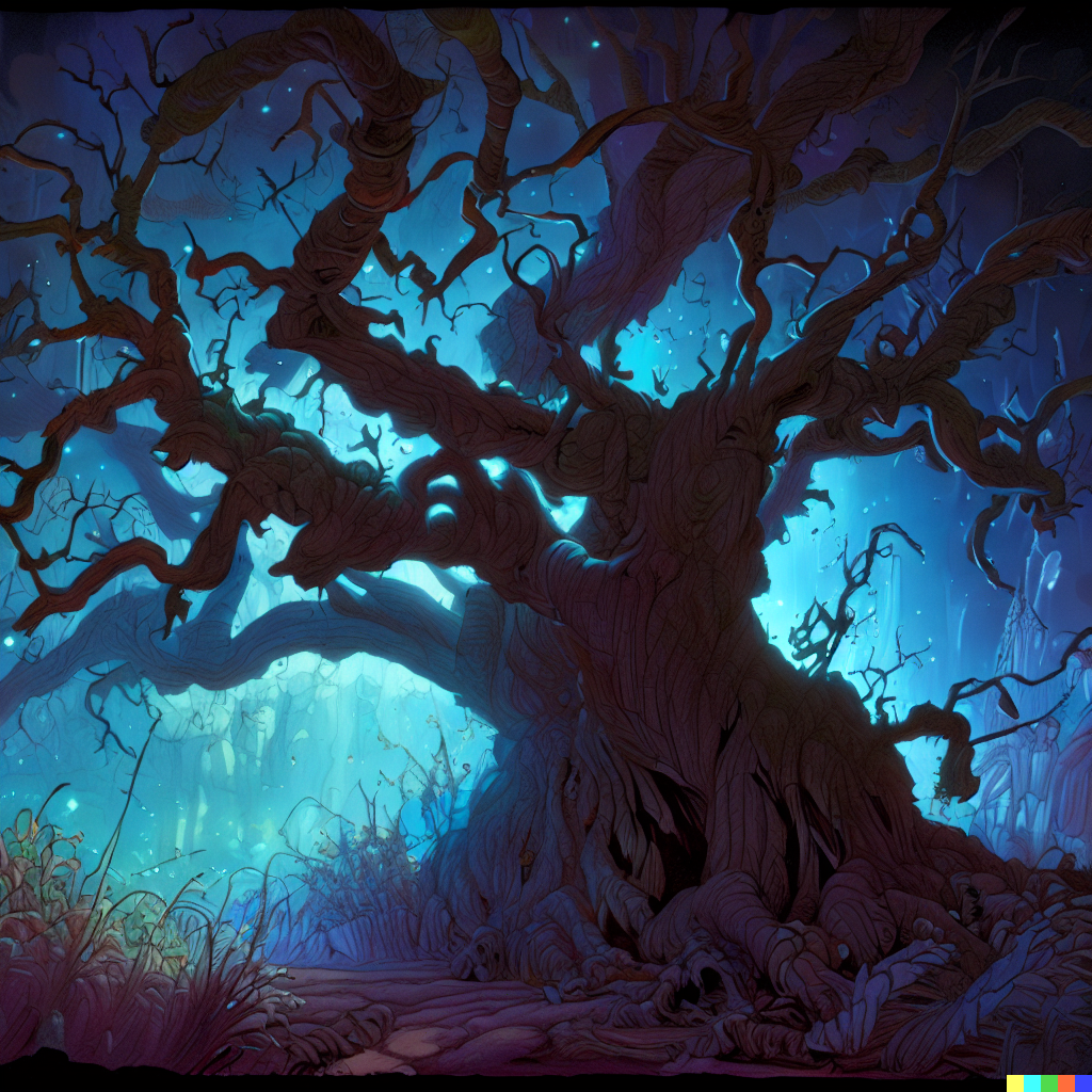 DALL·E 2023-06-26 12.18.09 – a magical dead tree by Charles Vess Don Bluth secret of nimh disney ferngully