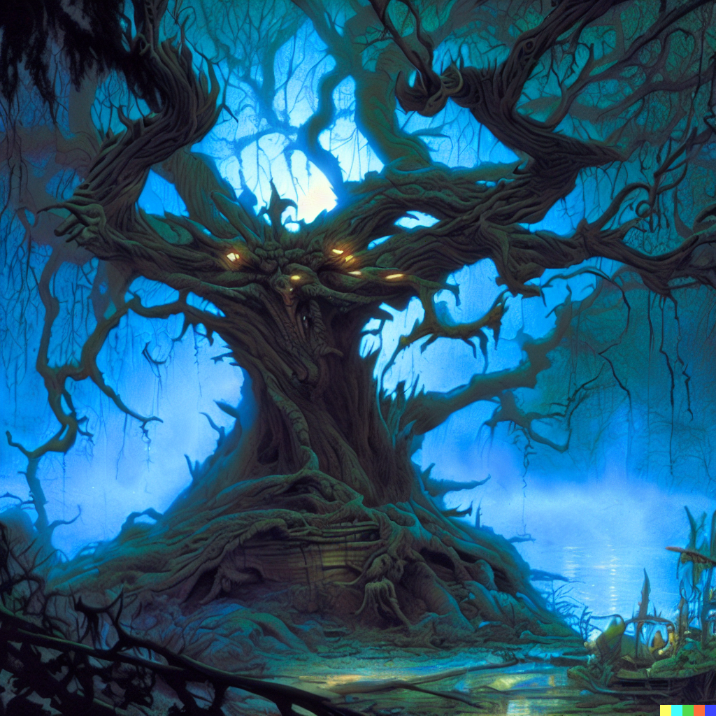 DALL·E 2023-06-26 12.18.15 – a magical dead tree by Charles Vess Don Bluth secret of nimh disney ferngully