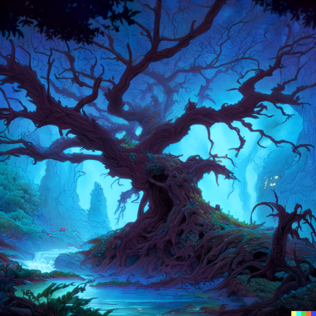 DALL·E 2023-06-26 12.18.19 – a magical dead tree by Charles Vess Don Bluth secret of nimh disney ferngully