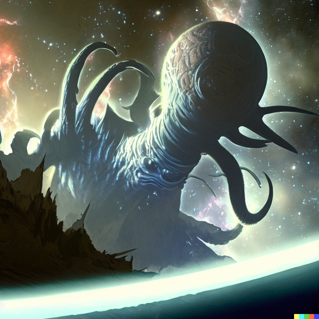DALL·E 2023-06-26 12.18.38 – lovecraftian galactic size god monster emerging from the shadows of a planet to devoure earth beautiful digital illustration by Zdzislaw Beksinski