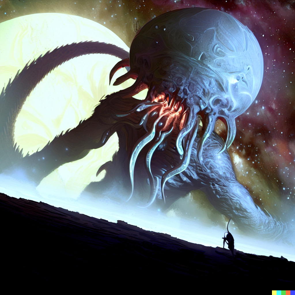 DALL·E 2023-06-26 12.18.42 – lovecraftian galactic size god monster emerging from the shadows of a planet to devoure earth beautiful digital illustration by Zdzislaw Beksinski
