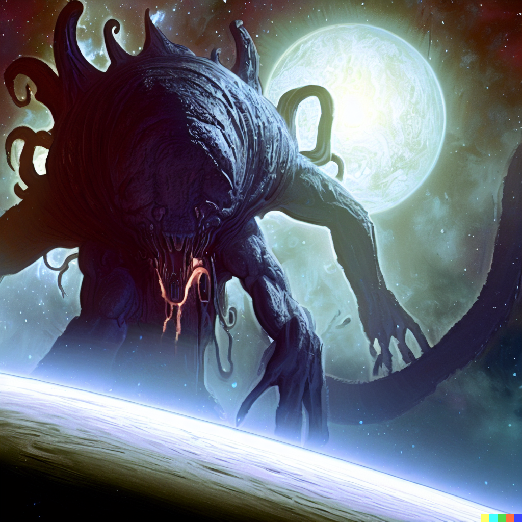 DALL·E 2023-06-26 12.18.47 – lovecraftian galactic size god monster emerging from the shadows of a planet to devoure earth beautiful digital illustration by Zdzislaw Beksinski