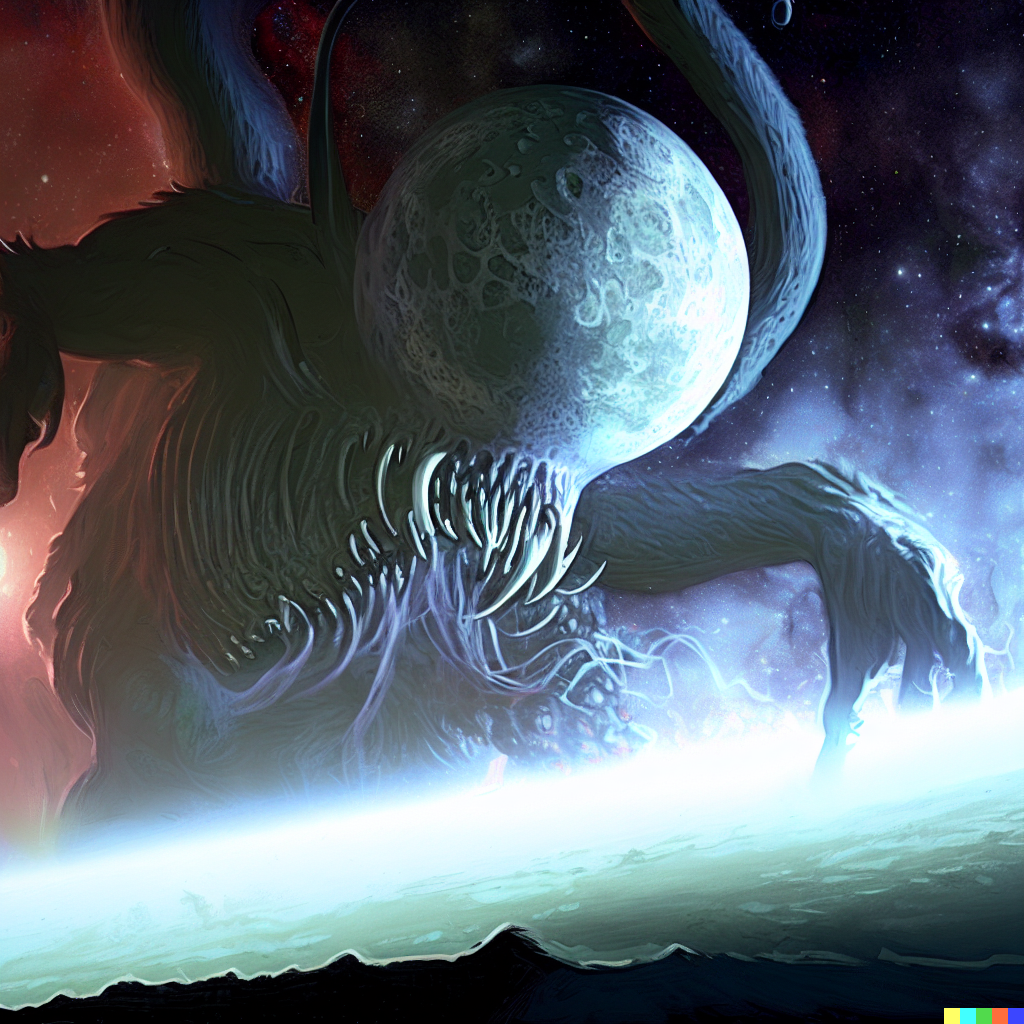 DALL·E 2023-06-26 12.18.52 – lovecraftian galactic size god monster emerging from the shadows of a planet to devoure earth beautiful digital illustration by Zdzislaw Beksinski