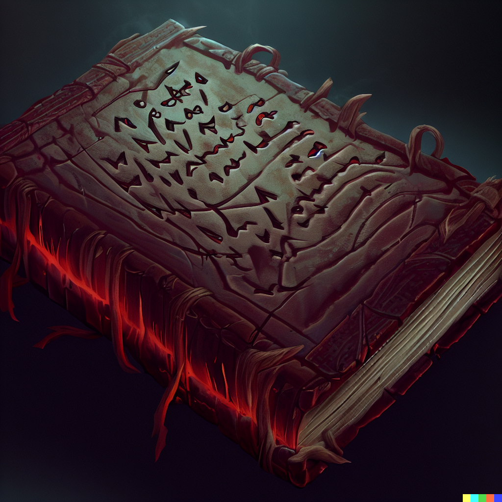 DALL·E 2023-06-26 12.19.38 – an evil magic tome bound in skin with undead inscriptions on the cover highly detailed, digital painting, artstation, concept art, smooth, sharp focus