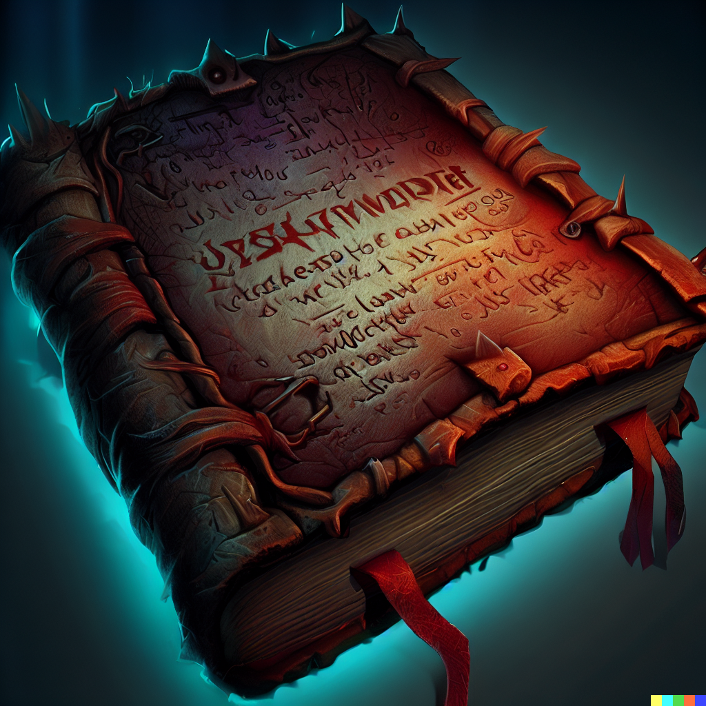 DALL·E 2023-06-26 12.19.43 – an evil magic tome bound in skin with undead inscriptions on the cover highly detailed, digital painting, artstation, concept art, smooth, sharp focus
