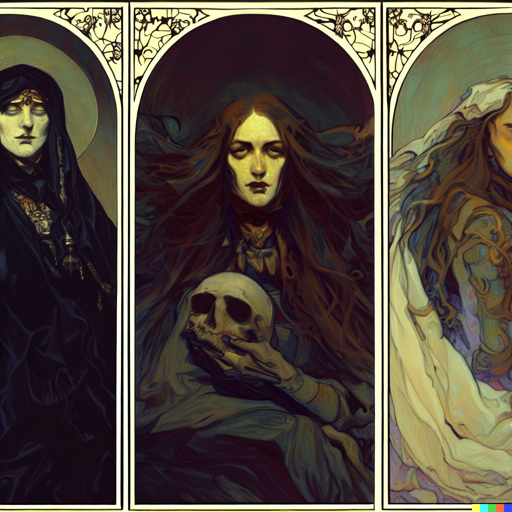 DALL·E 2023-06-26 12.19.55 – portrait of death by albert aublet, krenz cushart, artem demura, alphonse mucha