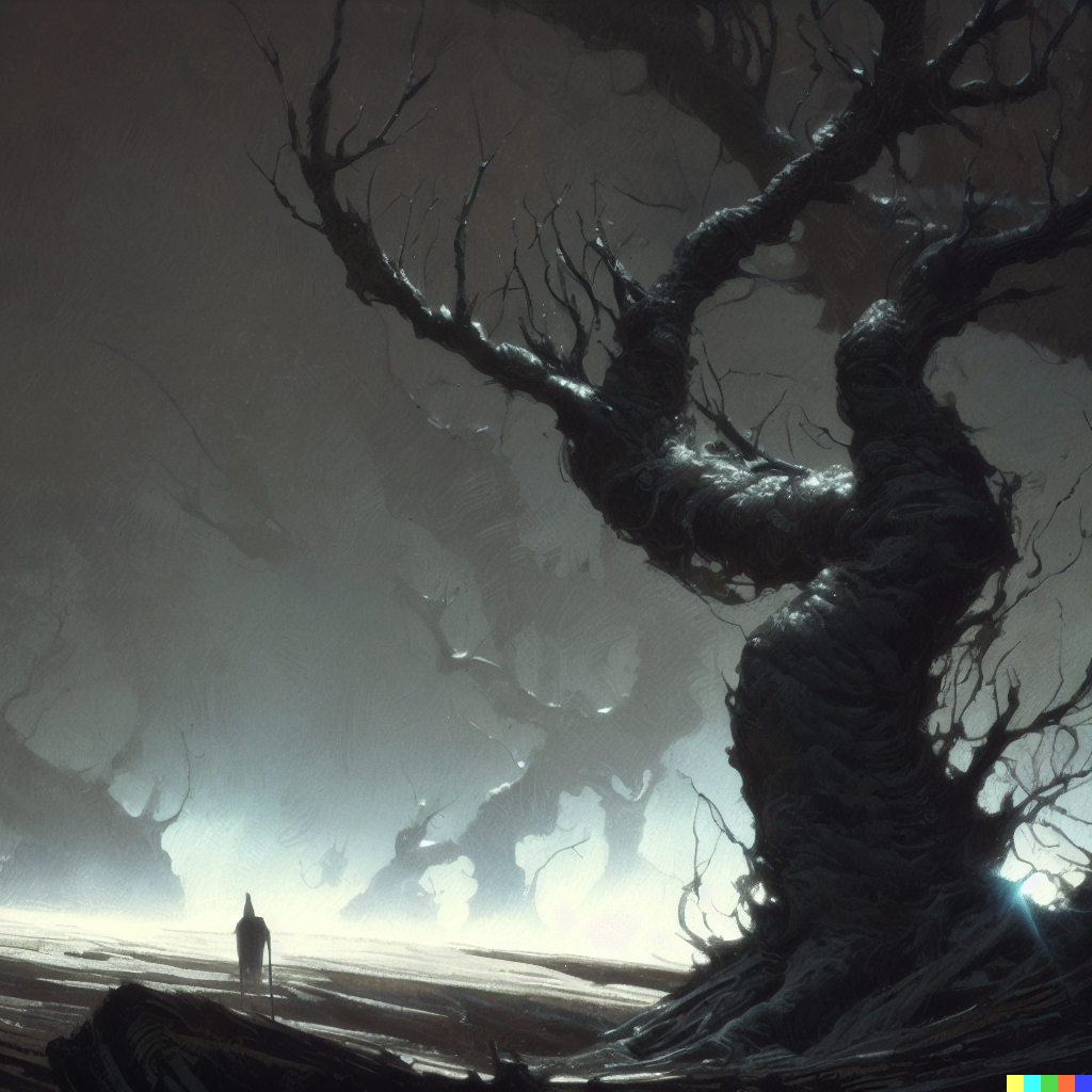 DALL·E 2023-06-26 12.20.19 – glimmering in the gloom; he seemed small, and altogether alone_ grey and bent, like a wizened tree before the onset of a storm by giger, zdzisław beks