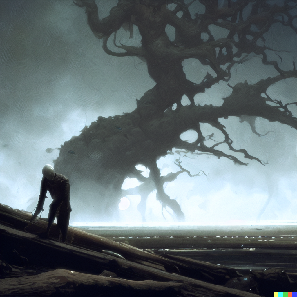 DALL·E 2023-06-26 12.20.23 – glimmering in the gloom; he seemed small, and altogether alone_ grey and bent, like a wizened tree before the onset of a storm by giger, zdzisław beks