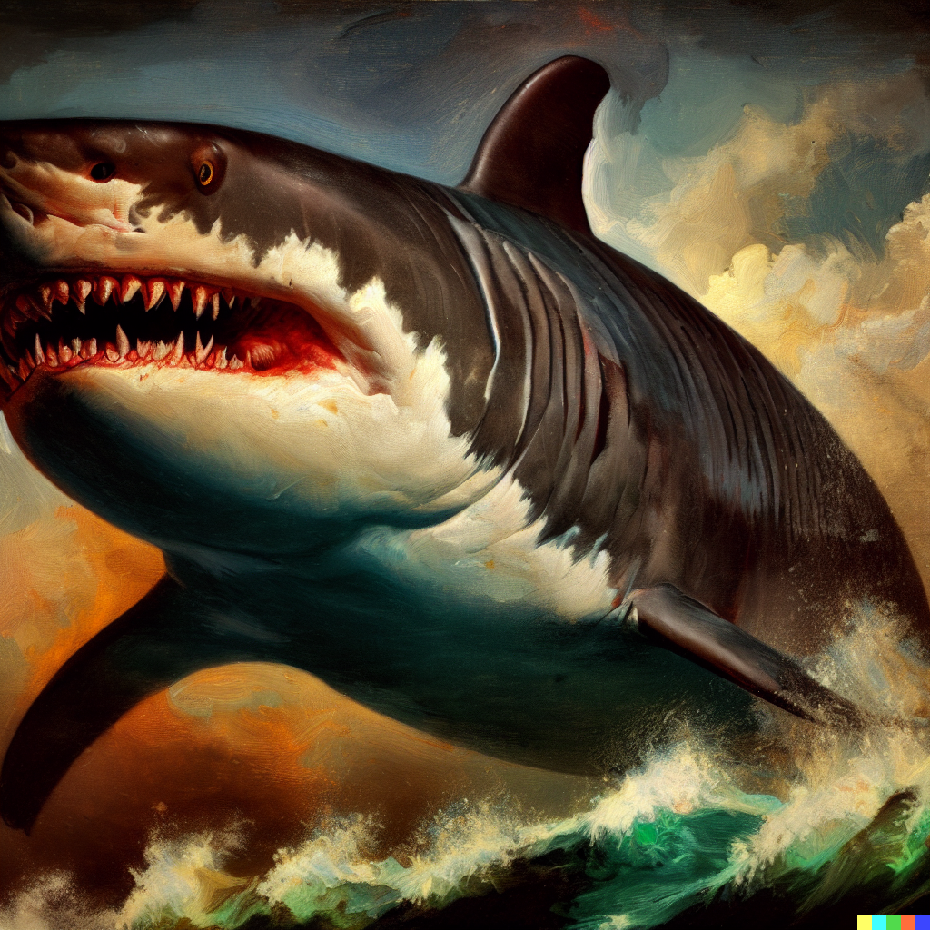DALL·E 2023-06-26 12.20.40 – a great megalodon in the style of pittura infamante