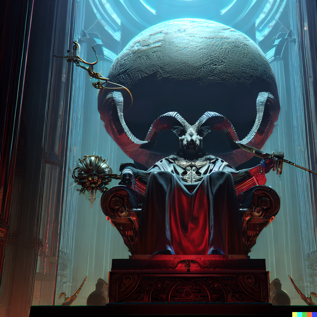 DALL·E 2023-06-26 12.20.51 – The Emperor sits on a ram-adorned throne holds an scepter in his right hand and a globe in his left, Zdzisław Beksiński, gustave dore, cyberpunk, futu