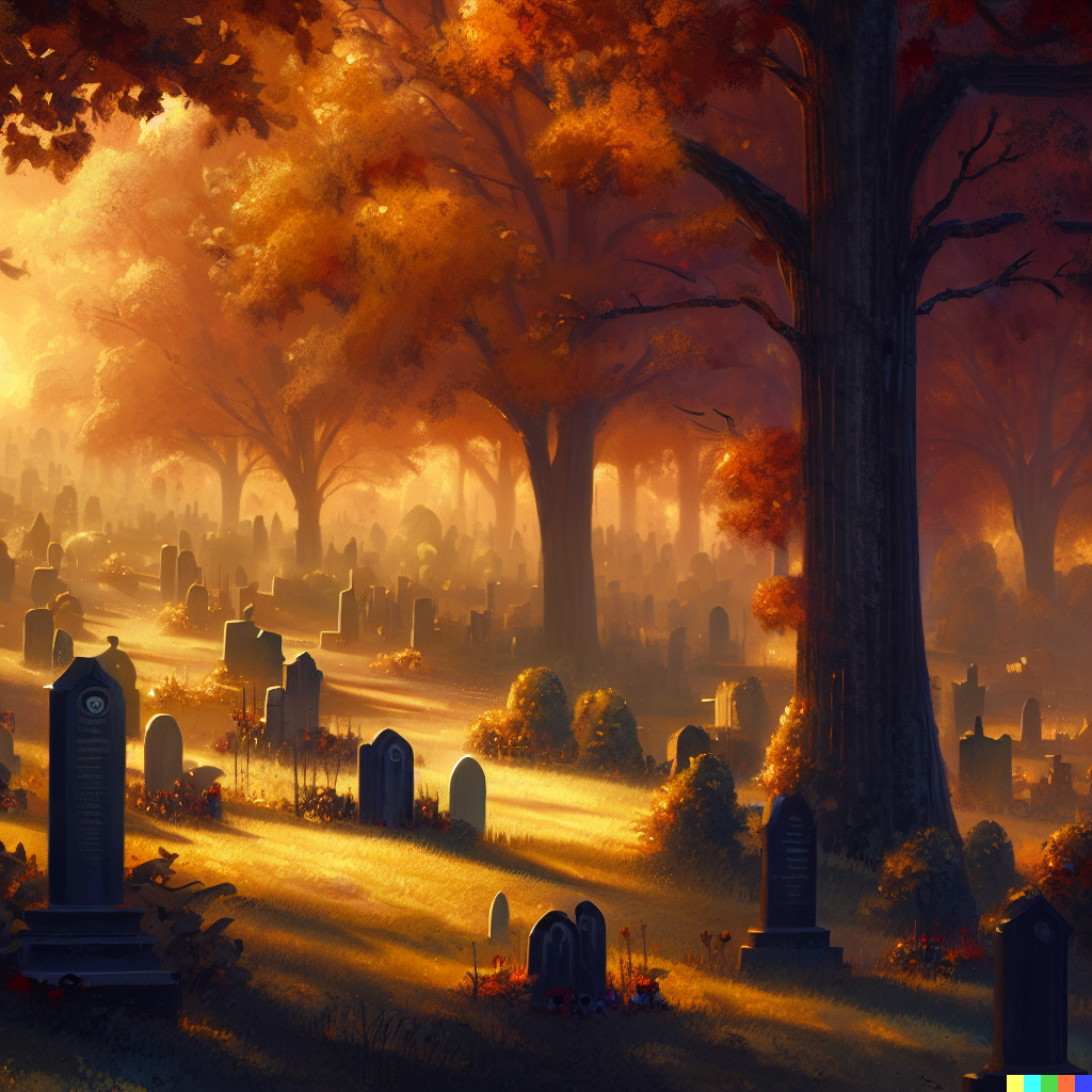 DALL·E 2023-06-26 12.21.11 – a tranquil cemetery with fall colors in the trees, by Tim Doyle, and Zdzisław Beksiński, Greg Rutkowski, very high detailed, beautiful, golden hour, a