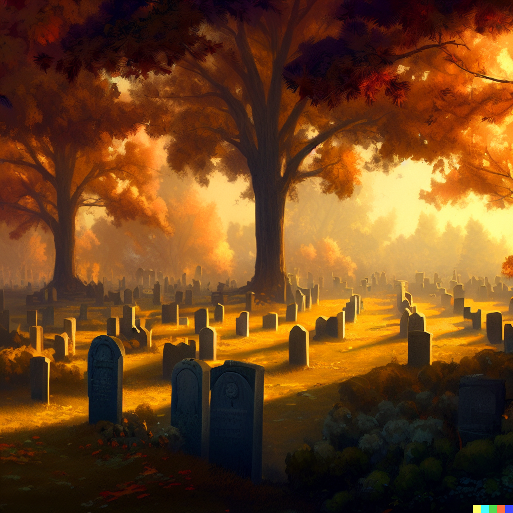 DALL·E 2023-06-26 12.21.14 – a tranquil cemetery with fall colors in the trees, by Tim Doyle, and Zdzisław Beksiński, Greg Rutkowski, very high detailed, beautiful, golden hour, a