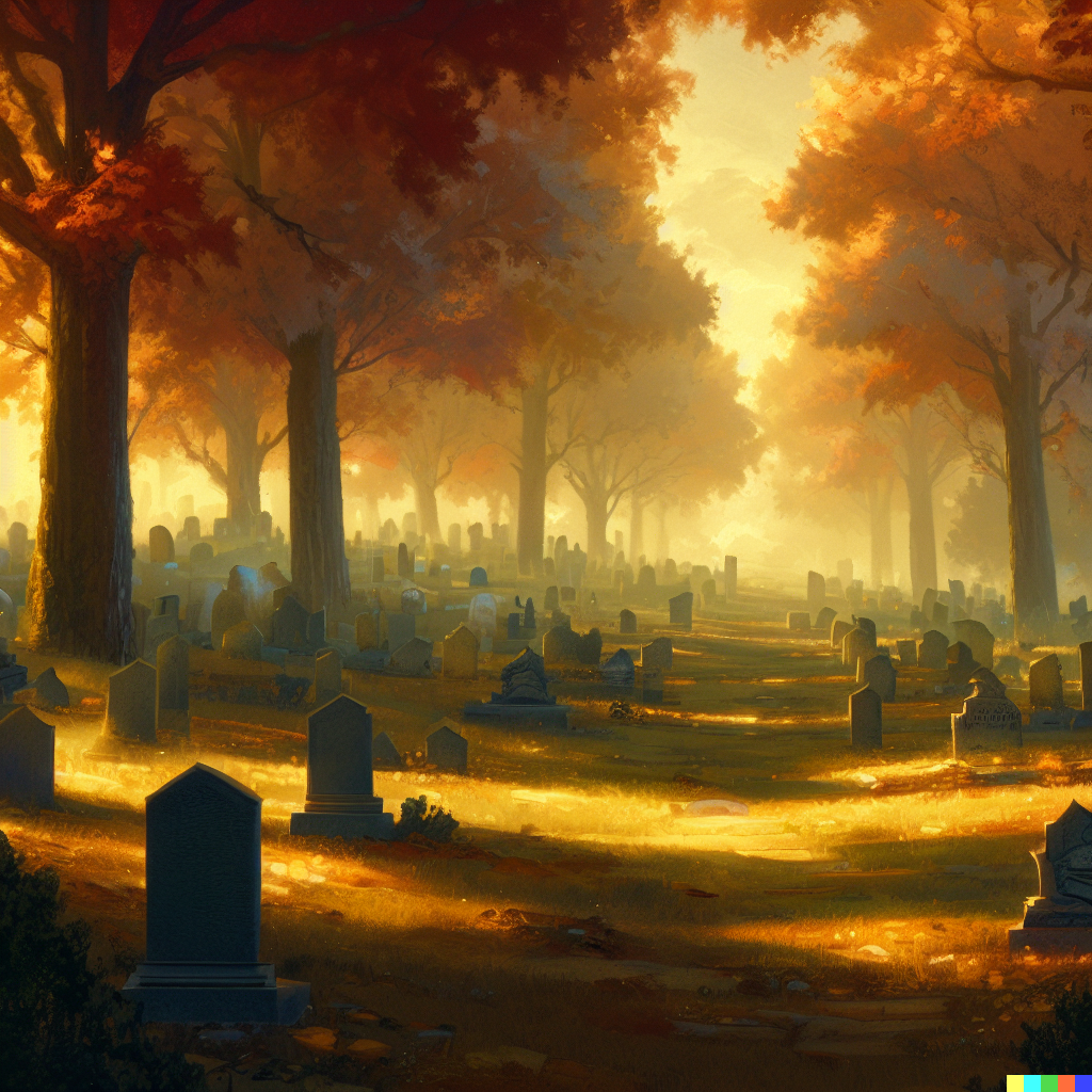 DALL·E 2023-06-26 12.21.17 – a tranquil cemetery with fall colors in the trees, by Tim Doyle, and Zdzisław Beksiński, Greg Rutkowski, very high detailed, beautiful, golden hour, a
