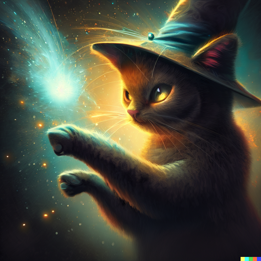 DALL·E 2023-06-26 12.21.33 – a cat casting a magical spell while wearing a witches hat very high detailed digital illustration Greg Rutkowski