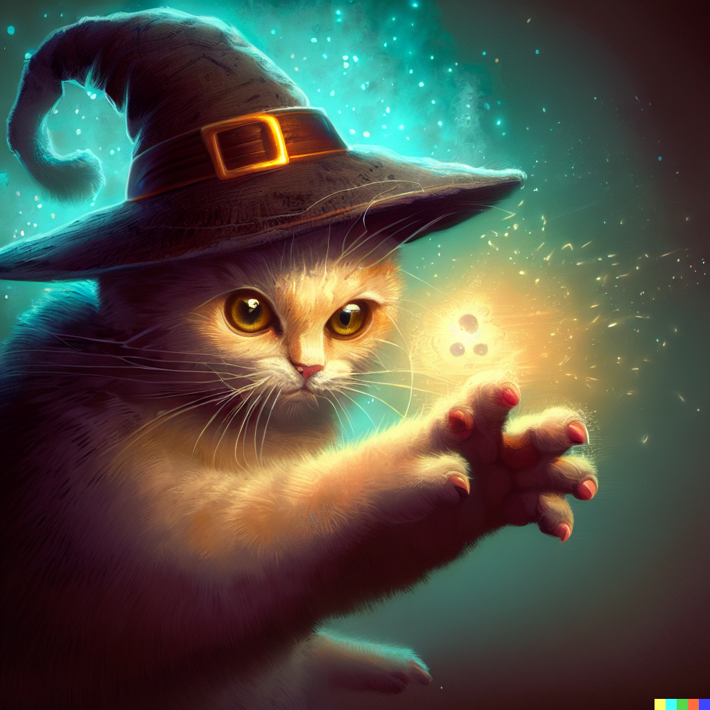 DALL·E 2023-06-26 12.21.36 – a cat casting a magical spell while wearing a witches hat very high detailed digital illustration Greg Rutkowski
