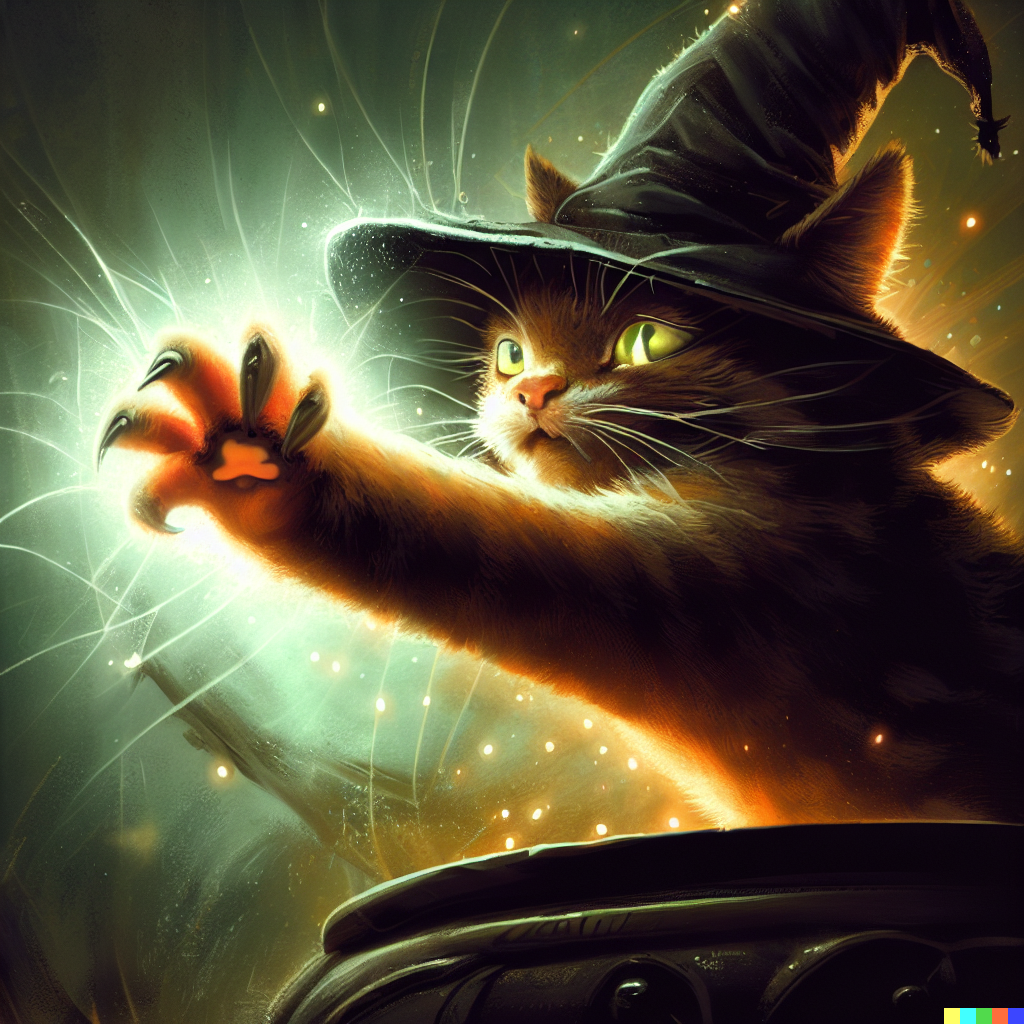 DALL·E 2023-06-26 12.21.40 – a cat casting a magical spell while wearing a witches hat very high detailed digital illustration Greg Rutkowski